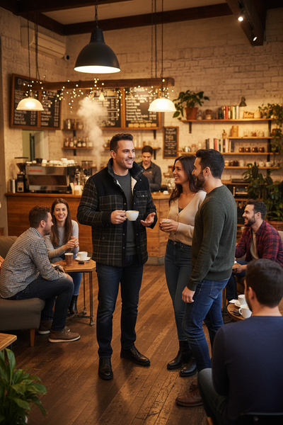 Middle Eastern man at coffee shop wearing plaid fleece jacket