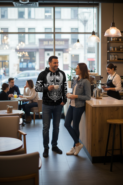 Middle Eastern man at coffee shop wearing Viking tattoo anime game hoodie