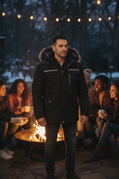 Middle Eastern man at outdoor firepit wearing fur hooded parka coat