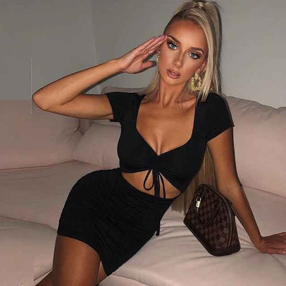 Stylish black mini dress with tie front detail and bodycon fit for a chic evening look