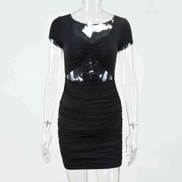 Black Mini Dress with Ruched Detailing and Sheer Cut-Out for a Modern Look