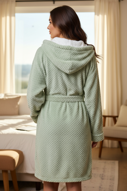 Mint green jacquard hooded robe back view in bedroom