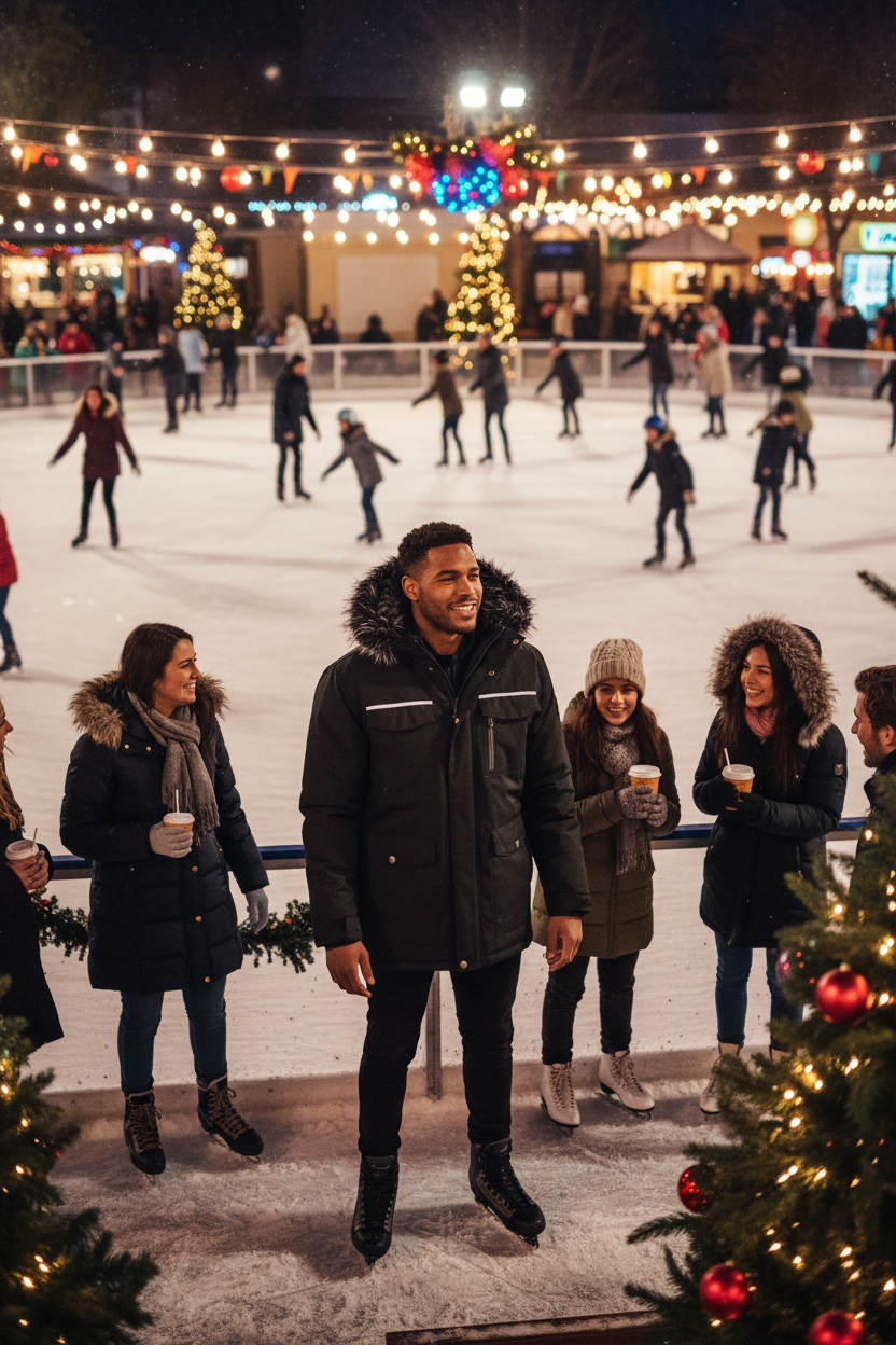 Mixed race man at outdoor ice skating rink wearing fur hooded parka coat