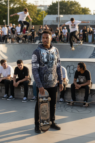 Mixed race man at skateboard park wearing Viking tattoo anime game hoodie closer shot