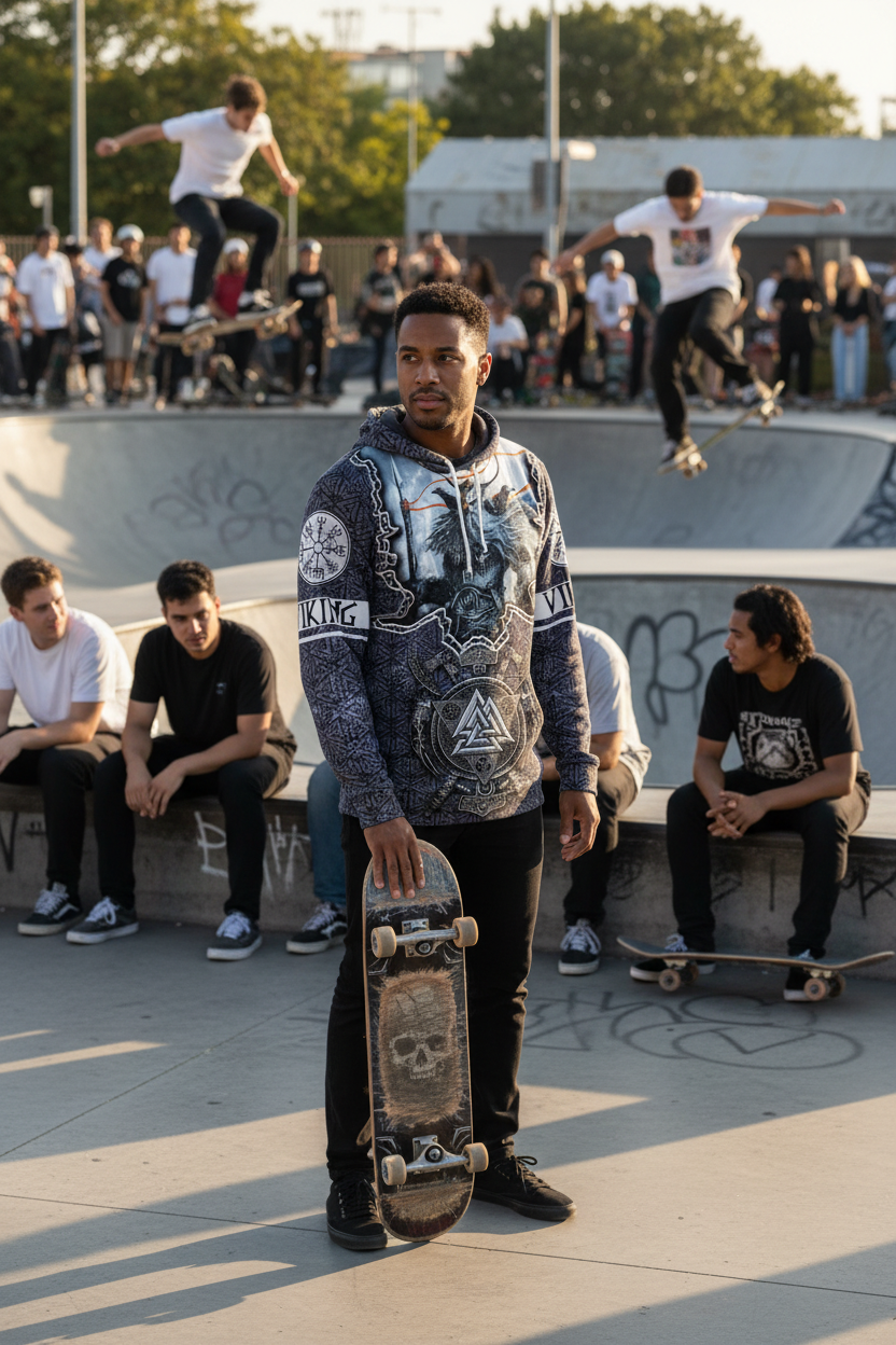 Mixed race man at skateboard park wearing Viking tattoo anime game hoodie closer shot
