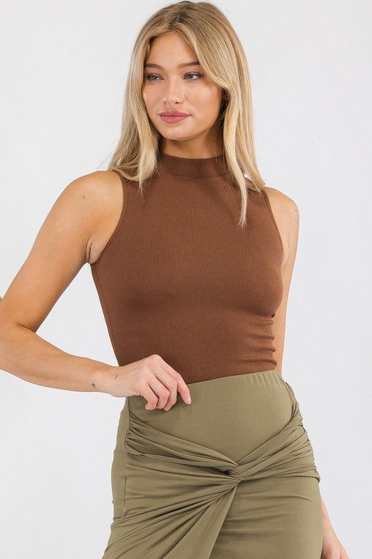 Yelete Mock Neck Tank in Brown, stylish and fitted for a trendy look, perfect for layering
