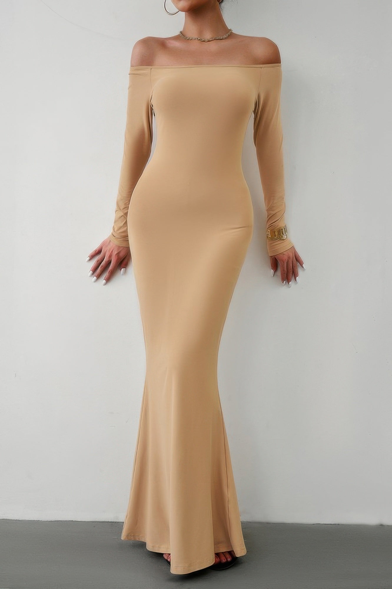 CCWHOLESALECLOTHING beige off shoulder bodycon dress long sleeve floor length mermaid silhouette