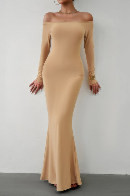 CCWHOLESALECLOTHING beige off shoulder bodycon dress long sleeve floor length mermaid silhouette