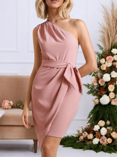 Trendsi blush pink one shoulder wrap dress for women with tie waist and asymmetrical hem