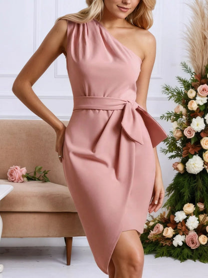 Trendsi blush pink one shoulder wrap dress for women with tied waist bow and tulip hem