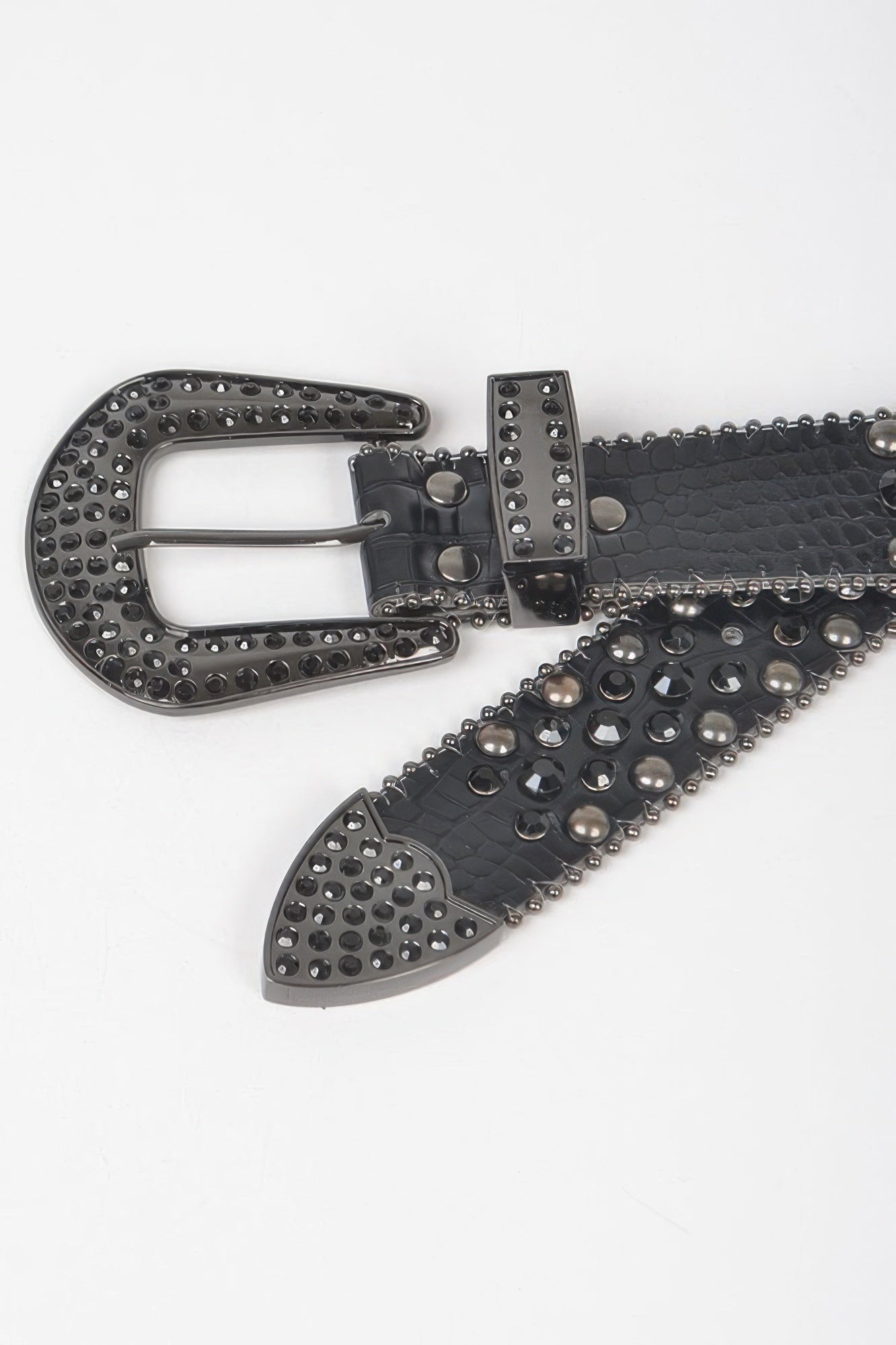 Black textured faux leather rhinestone studded metal belt with gunmetal buckle and mixed studs