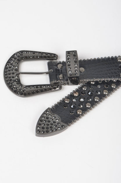 Black textured faux leather rhinestone studded metal belt with gunmetal buckle and mixed studs