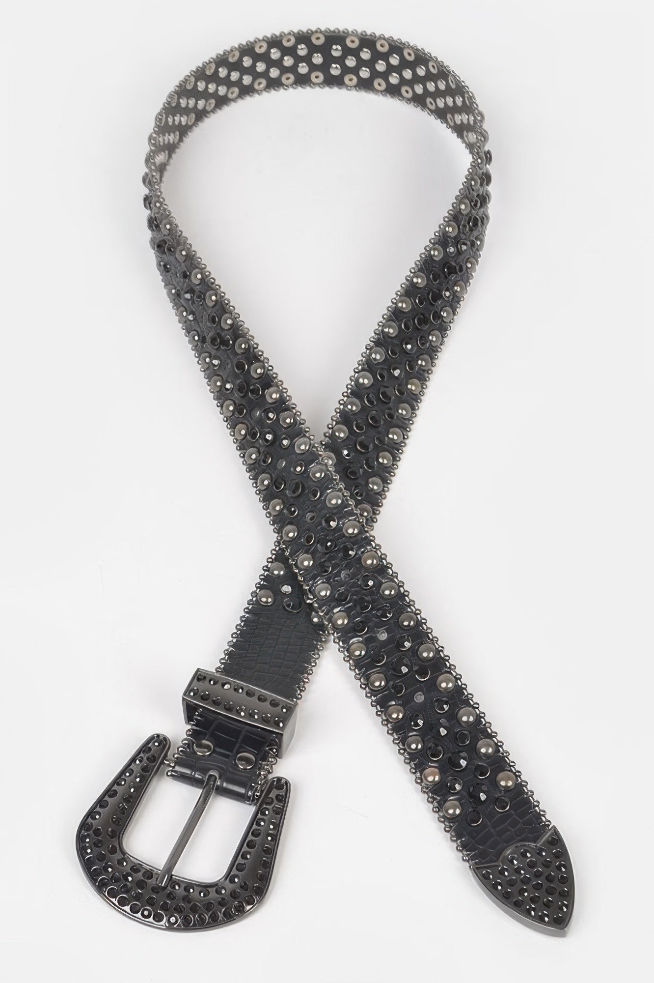 CCWHOLESALECLOTHING rhinestone studded metal belt in black with gunmetal studs and decorative buckle