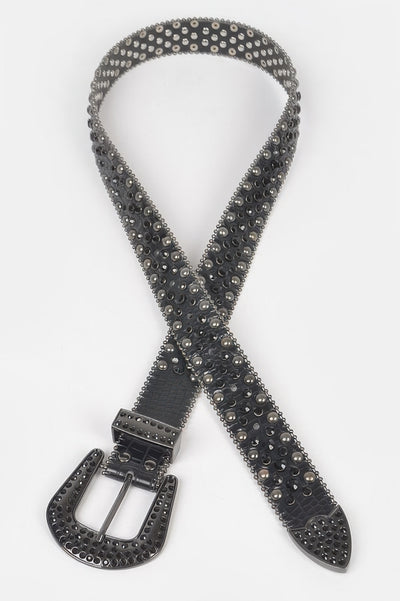 CCWHOLESALECLOTHING rhinestone studded metal belt in black with gunmetal studs and decorative buckle