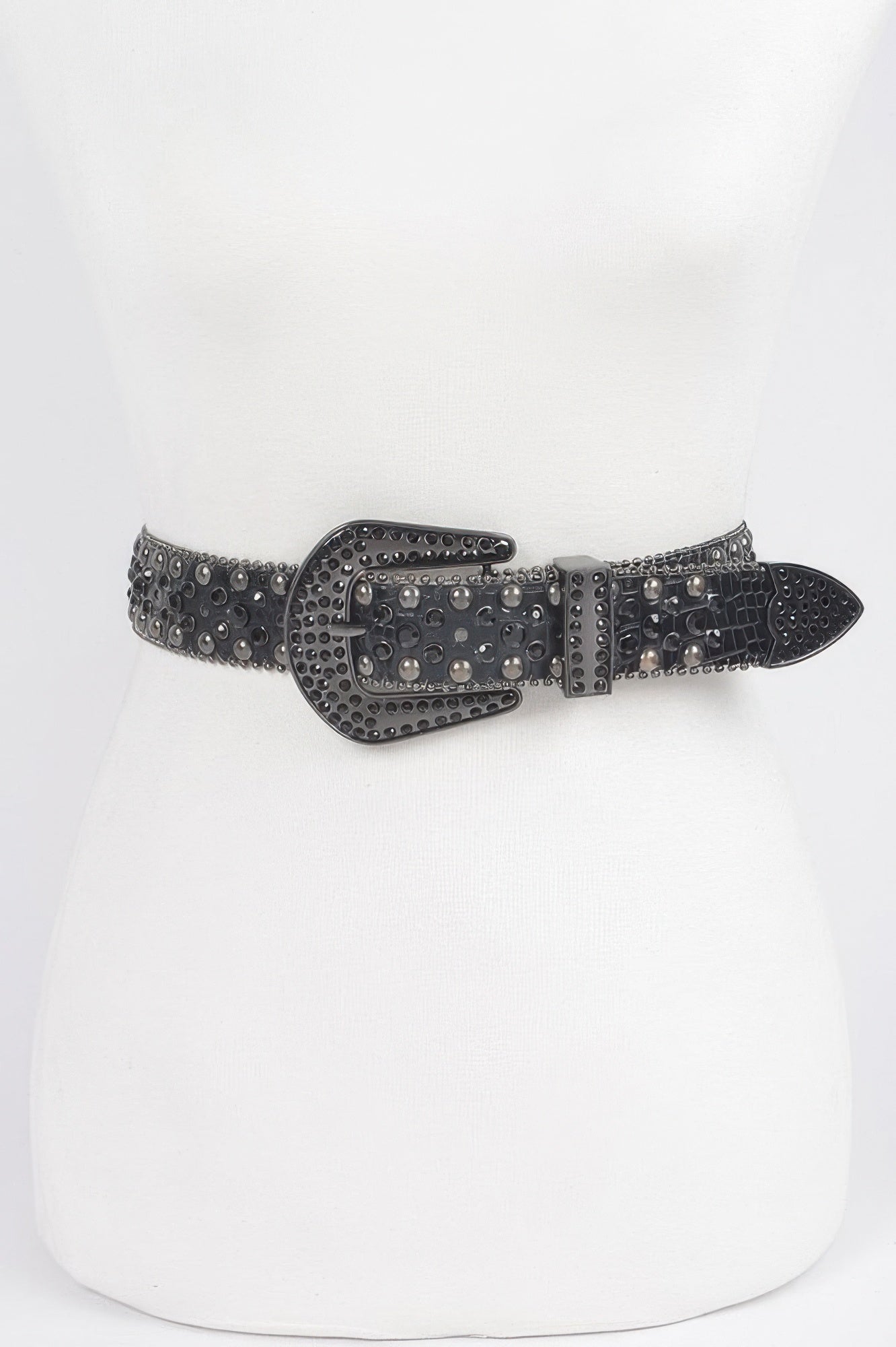 Black western style rhinestone studded metal belt with embossed details and decorative buckle