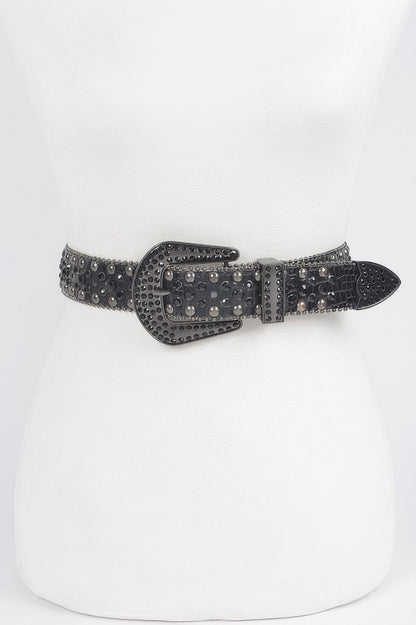 Black western style rhinestone studded metal belt with embossed details and decorative buckle