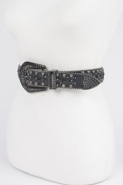 CCWHOLESALECLOTHING rhinestone studded metal belt in gunmetal black with western buckle and stud detail