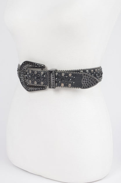 CCWHOLESALECLOTHING rhinestone studded metal belt in gunmetal black with western buckle and stud detail