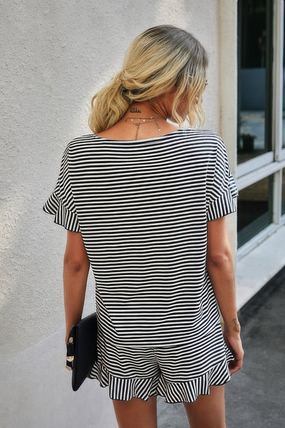 Back view of model wearing CCWHOLESALECLOTHING striped short set for women black and white horizontal stripes ruffled hem