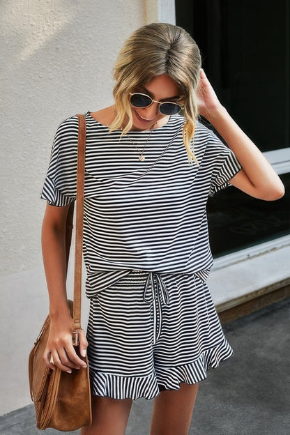 CCWHOLESALECLOTHING striped short set for women black and white striped tee and drawstring ruffle shorts