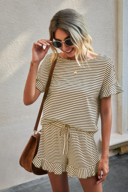 CCWHOLESALECLOTHING beige and white striped short set for women with ruffle sleeves drawstring waist