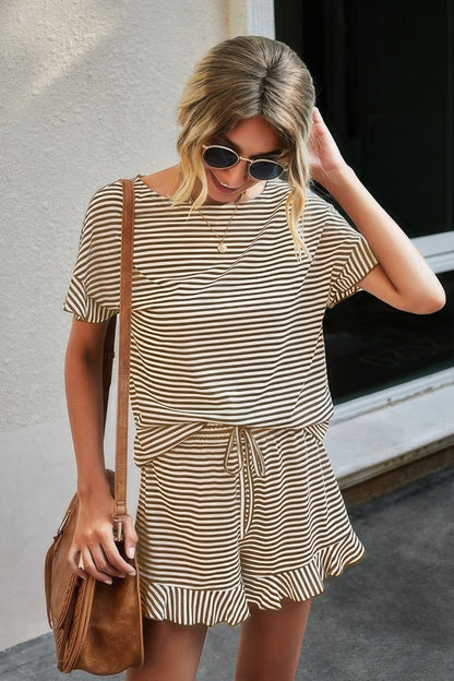 CCWHOLESALECLOTHING striped short set for women tan and white crewneck tee with drawstring shorts ruffle hem