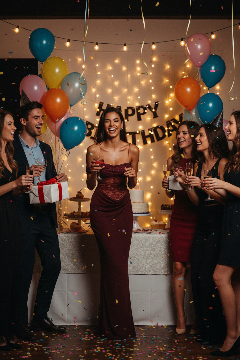 Model at birthday party showing asymmetrical strap design clearly