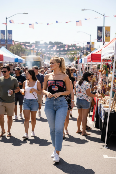 Model in black patriotic tube top at street festival
