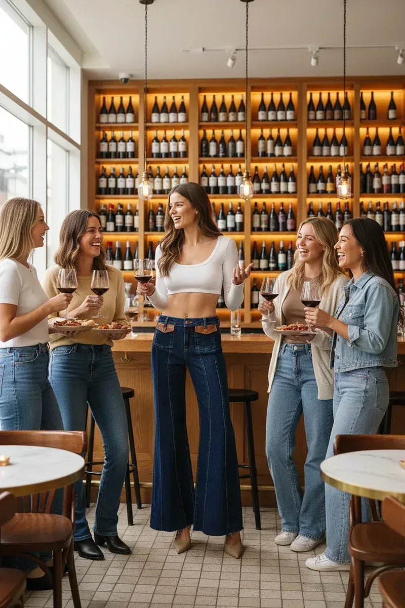 RISEN Wide Flare Jeans - High Rise Leather Pocket Detail - Fashions Envy