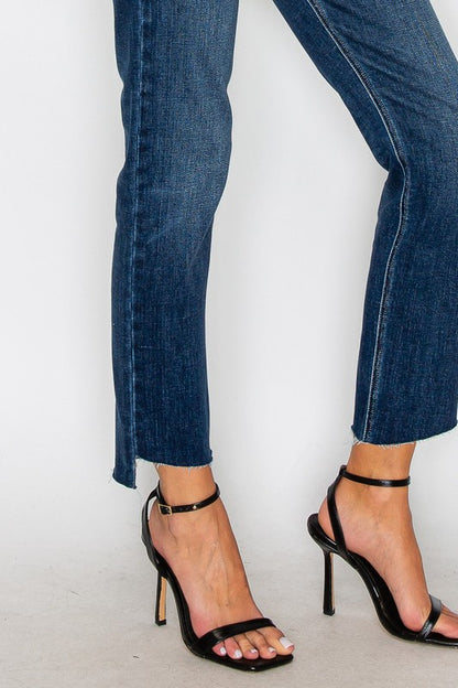 Artemis Vintage tummy control high rise jeans for women cropped dark wash with ankle slit and raw hem styling