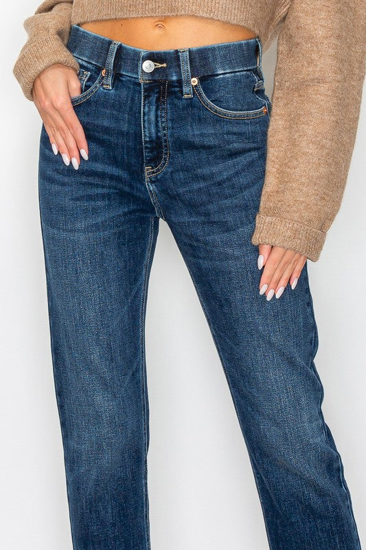 Artemis Vintage tummy control high rise jeans for women dark wash straight leg modeled with cropped sweater