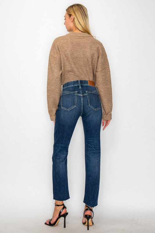 Artemis Vintage back view of model wearing tummy control high rise jeans for women in dark wash straight leg