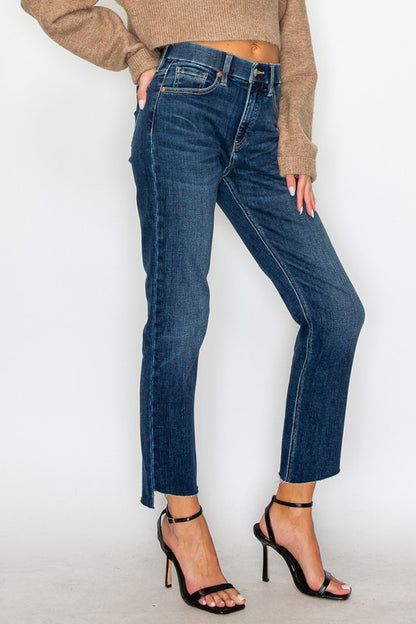 Artemis Vintage tummy control high rise jeans for women dark wash cropped straight leg with raw hem