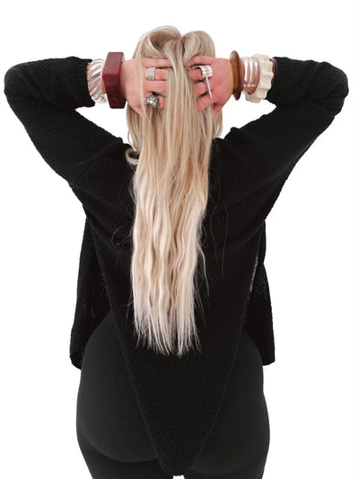 Trendsi Oversized Knit Cardigan black back view on model with long blonde hair and stacked bracelets