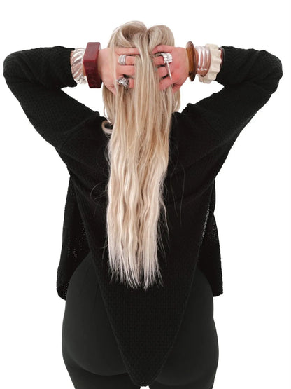 Trendsi Oversized Knit Cardigan black back view on model with long blonde hair and stacked bracelets