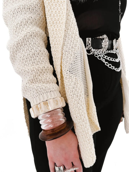 Trendsi Oversized Knit Cardigan cream textured open front shown with black outfit chain belt and stacked bracelets
