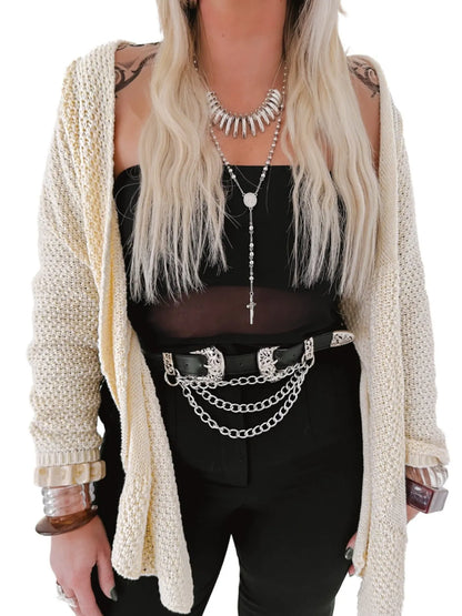 Trendsi Oversized Knit Cardigan in cream styled over black top with silver chain belt and layered necklaces