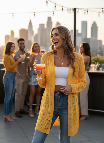 Mustard yellow openwork cardigan - blonde at rooftop bar