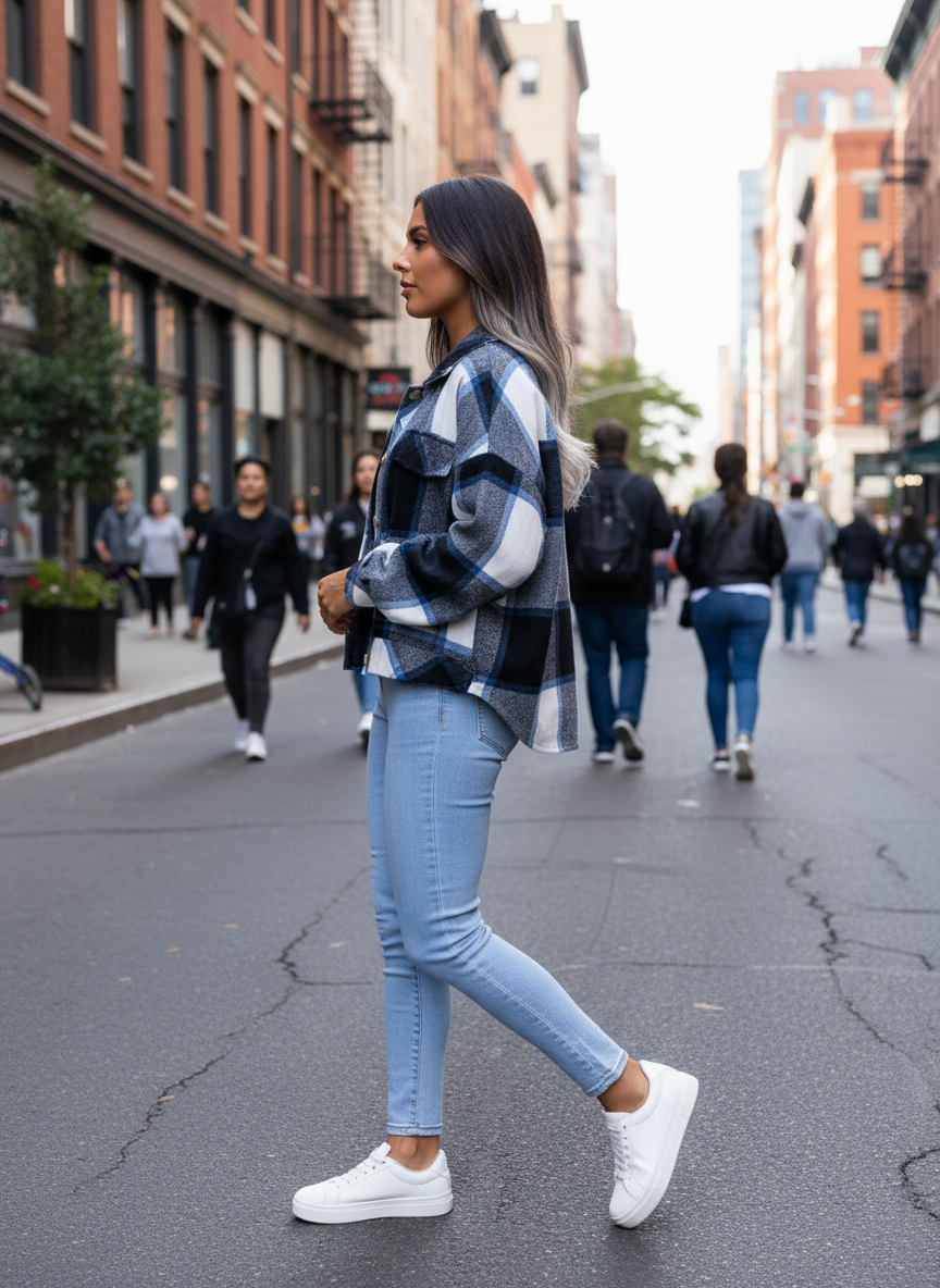 Navy plaid jacket - side view