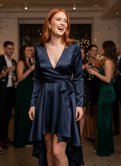 Navy satin high-low wrap dress at New Year's Eve party