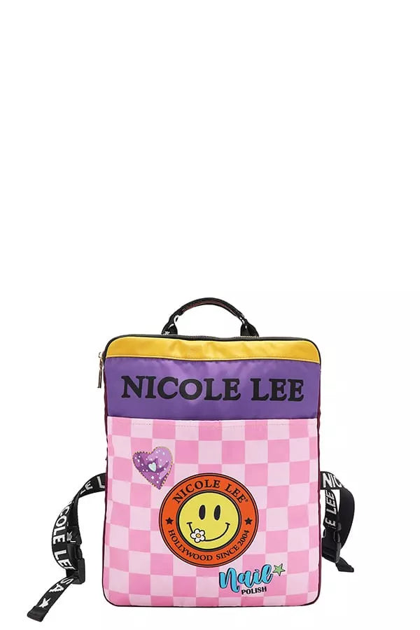 Colorful Multi-Pocket Travel Backpack by Nicole Lee with smiley face and checkerboard design