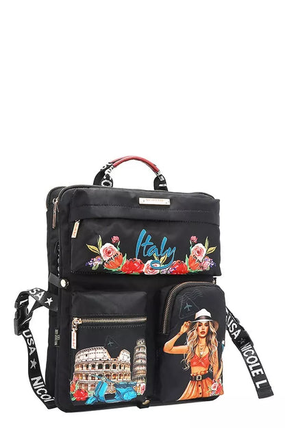 Trendsi Multi-Pocket Travel Backpack with colorful Italy-themed designs and multiple compartments