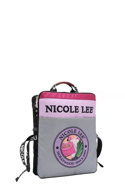 Trendy Multi-Pocket Travel Backpack in gray and pink with graphic design for versatile travel use