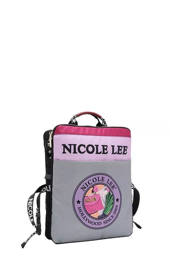 Trendy Multi-Pocket Travel Backpack in gray and pink with graphic design for versatile travel use