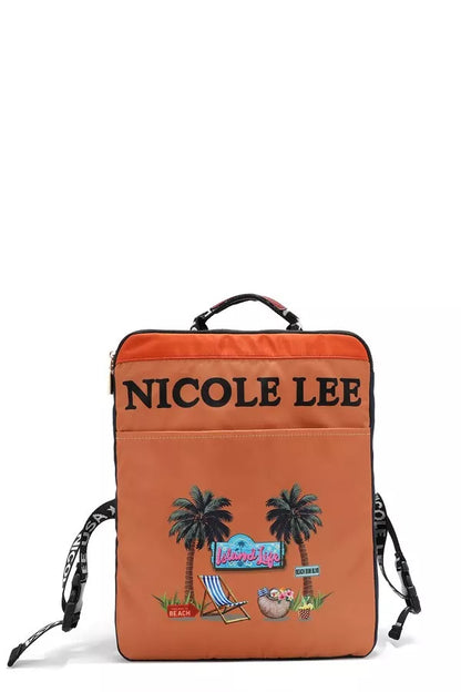 Nicole Lee Multi-Pocket Travel Backpack in orange with palm tree and beach-themed design