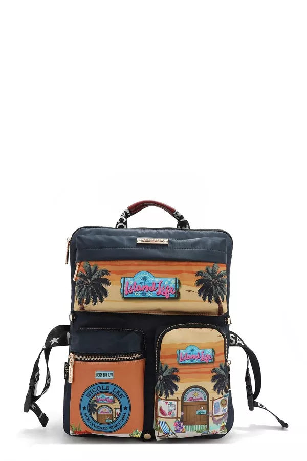 Stylish Multi-Pocket Travel Backpack with tropical print and multiple compartments for organization