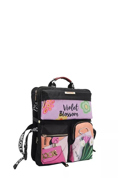 Trendsi Multi-Pocket Travel Backpack in black with colorful floral designs and multiple compartments