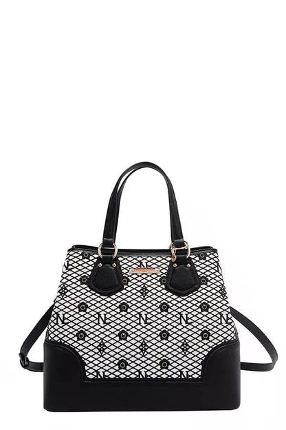 Nicole Lee USA Monogram Pattern Handbag with Rhinestones Decor - Designer Tote - Fashions Envy
