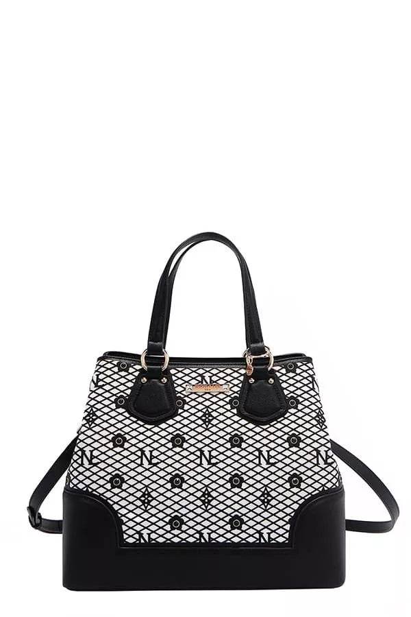 Nicole Lee USA Monogram Pattern Handbag with Rhinestones Decor - Designer Tote - Fashions Envy