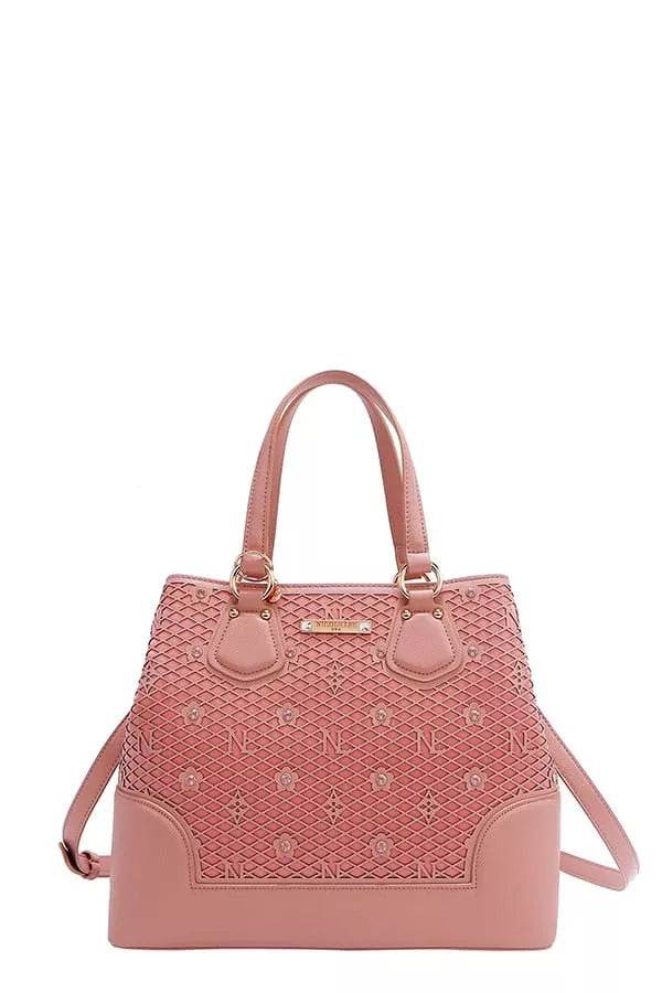 Nicole Lee USA Monogram Pattern Handbag with Rhinestones Decor - Designer Tote - Fashions Envy